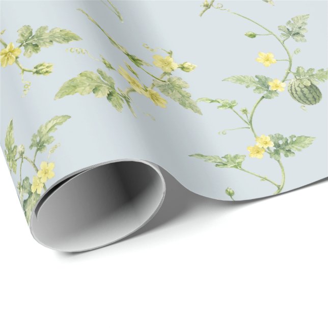 Papel De Presente Mini Melancia Botânica Azul Cinza Suave (Ponta do rolo)