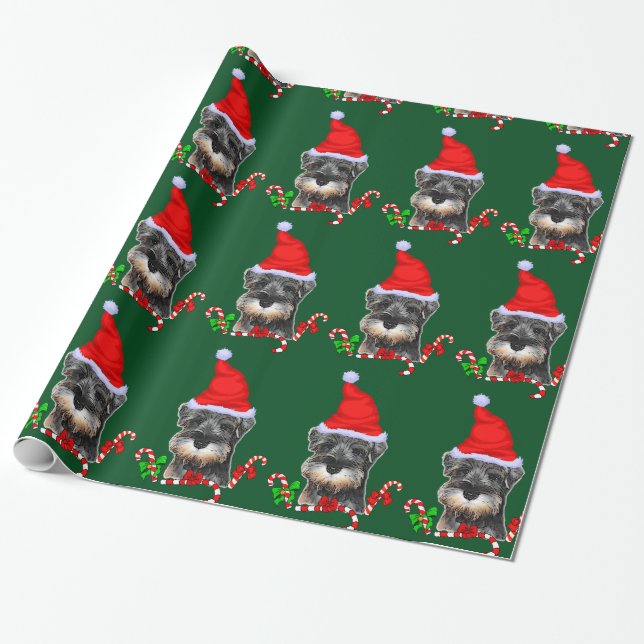 Papel De Presente Miniatura Schnauzer em Santa Hat Wrappaper (Desenrolado)
