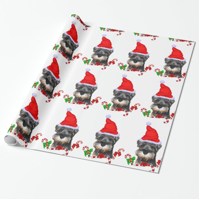 Papel De Presente Miniatura Schnauzer em Santa Hat Wrappaper (Desenrolado)
