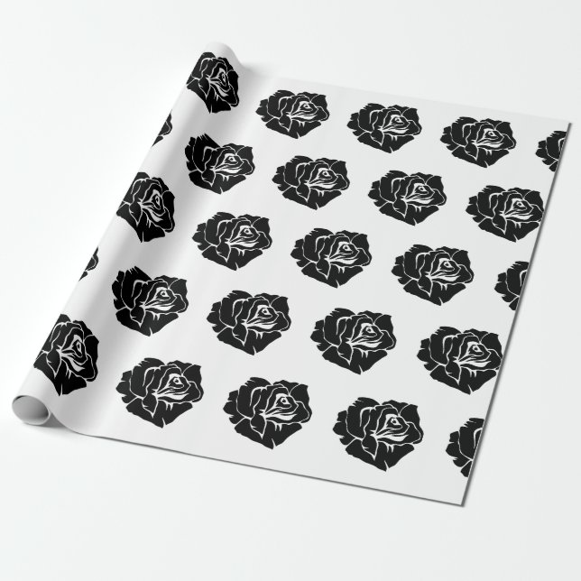 Papel De Presente Minimal Black and White Rose Pattern (Desenrolado)