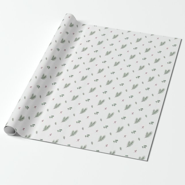 Papel De Presente Minimal Christmas Pattern, Pine, Berries (Desenrolado)