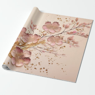 Papel De Presente Mínimo Elegante Floral Rosa e Dourado
