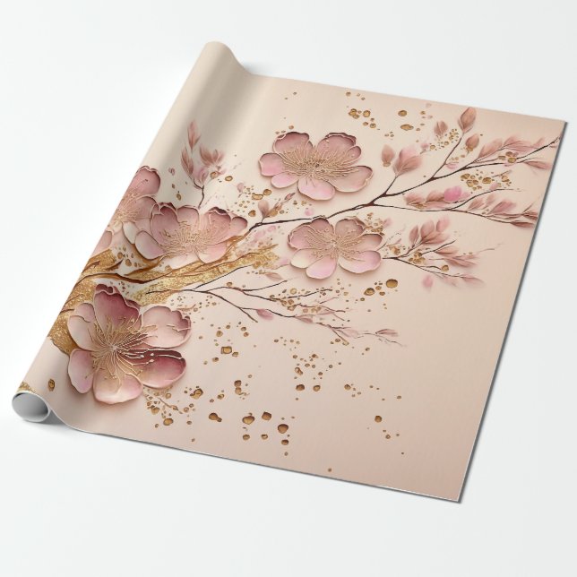 Papel De Presente Mínimo Elegante Floral Rosa e Dourado (Desenrolado)