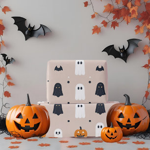 Papel De Presente Mínimo Pastel Rosa Fantasma e Abóbora no Halloween