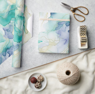 Papel De Presente Mint Aqua Blue Ink Marble