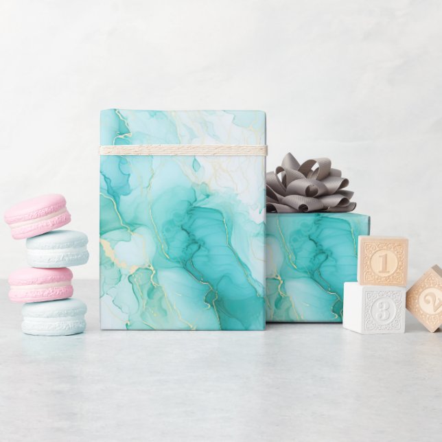 Papel De Presente Mint Aqua Glam Elegante Dourado Marble (Chá de bebê)