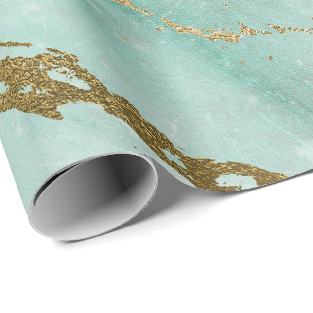 Papel De Presente Mint Green Aqua Dourada Marble Shiny Glam (Ponta do rolo)