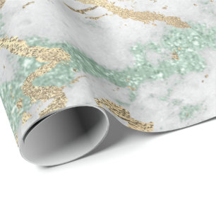 Papel De Presente Mint Green Cinza Foxier Dourado Marble Shiny Metál
