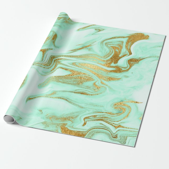 Papel De Presente Mint Green Dourado Marble Shiny Glam (Desenrolado)