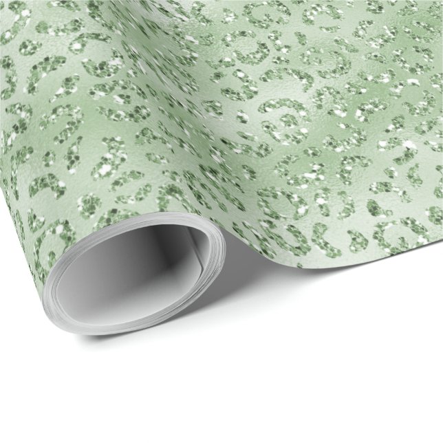 Papel De Presente Mint Green Glitter Leopard Print (Ponta do rolo)