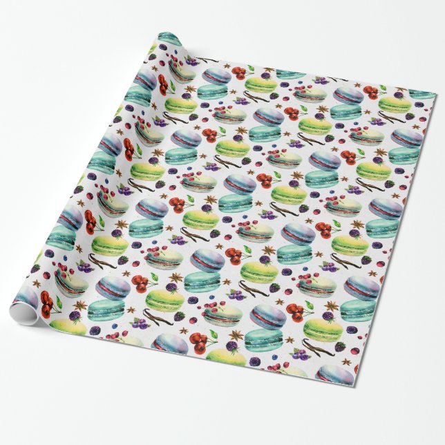 Papel De Presente Mint Green Macaroons & Red Berries - Patente sem c (Desenrolado)