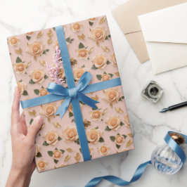 Papel De Presente Minúsculas Rosas Creme E Douradas