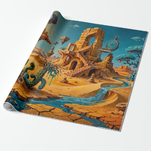 Papel De Presente Miragem do Deserto Ocre Laranja Azul Turquesa
