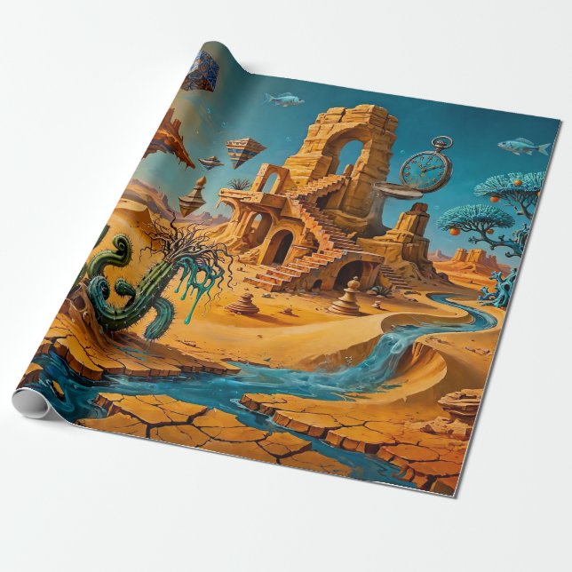 Papel De Presente Miragem do Deserto Ocre Laranja Azul Turquesa (Desenrolado)
