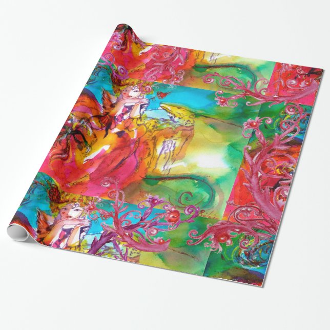 PAPEL DE PRESENTE MIRANDOLINA, SUÍNOS FLORAIS VERMELHOS (Desenrolado)