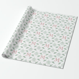 Papel De Presente Mistletoe Pine com Monograma de Vermelho Natal