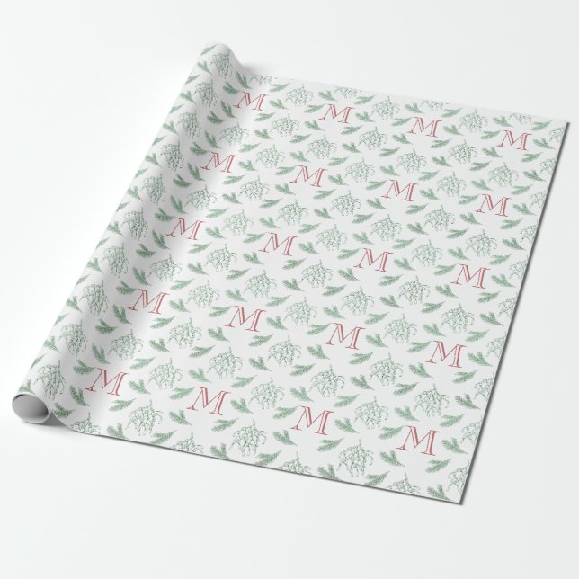 Papel De Presente Mistletoe Pine com Monograma de Vermelho Natal (Desenrolado)