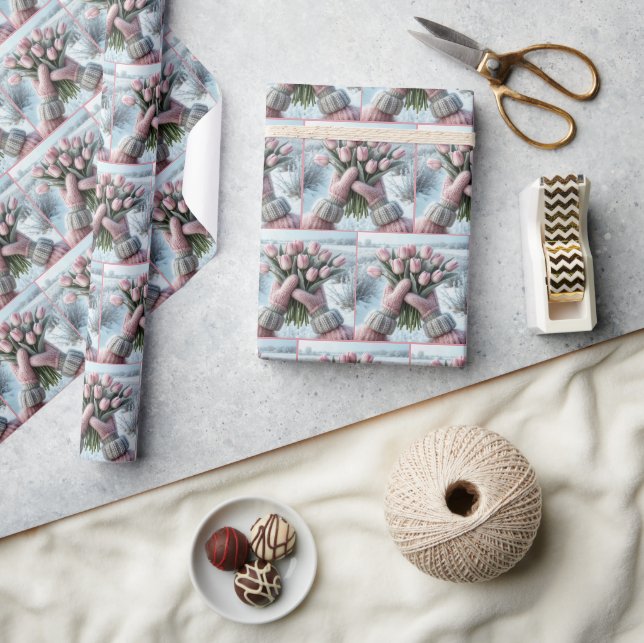 Papel De Presente Mittens Rosa Segurando Buquê Tulip (Artesanato)