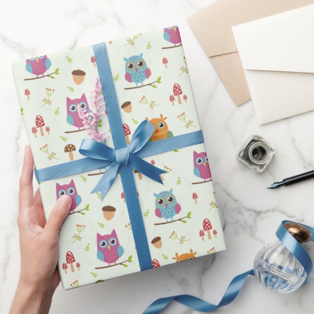 Papel De Presente Miúdos Corujas Coradas Corantes Bonitas Cônjuges (Presentear)