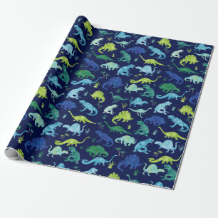 Papel De Presente Miúdos do azul do verde da silhueta do dinossauro