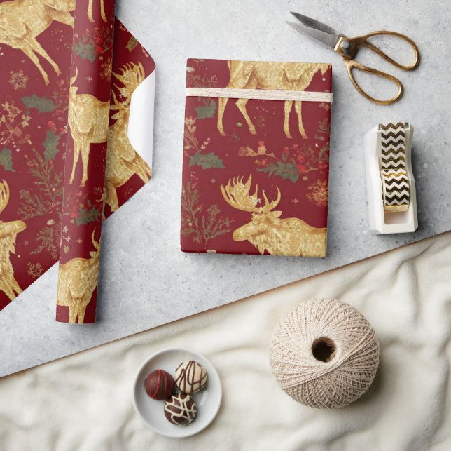 Papel De Presente modelo de natal de renas de ouro elegante (Artesanato)