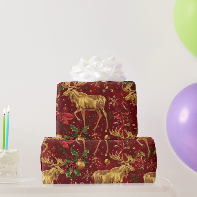 Papel De Presente modelo de natal de renas de ouro elegante (Presentes para festas)