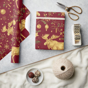 Papel De Presente modelo de natal de renas de ouro elegante