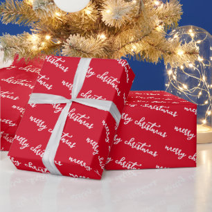 Papel De Presente Modelo de Natal Feliz em Vermelho e Branco com Tex