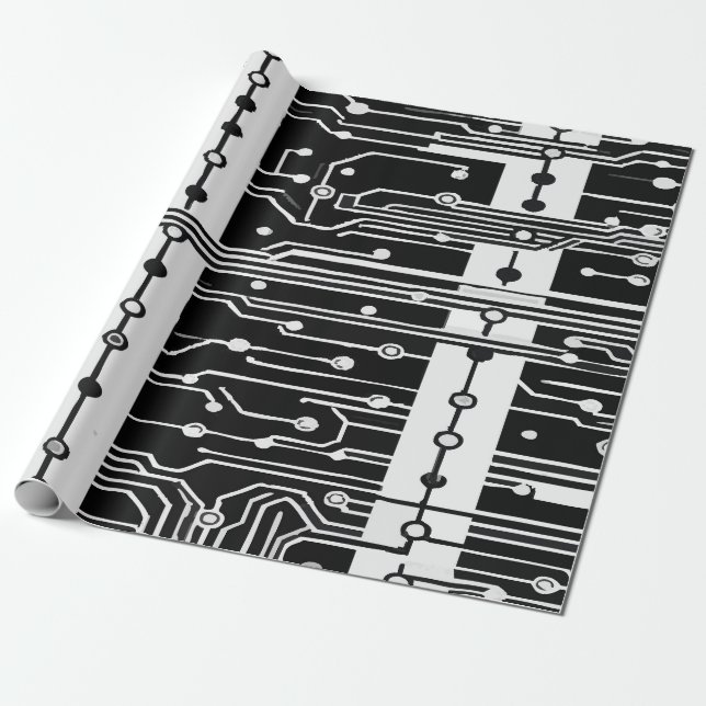 Papel De Presente Modern Black and White Circuit Board Texture Patte (Desenrolado)