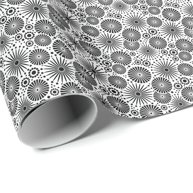 Papel De Presente Modern Black White Geometric Flowers Starburst  (Ponta do rolo)