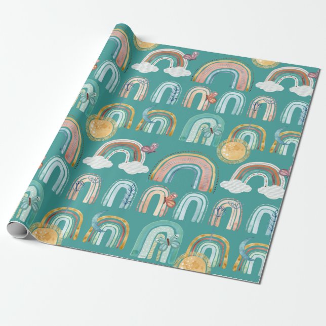 Papel De Presente Modern Boho Rainbow Teal Terracotta Mostard Pink (Desenrolado)