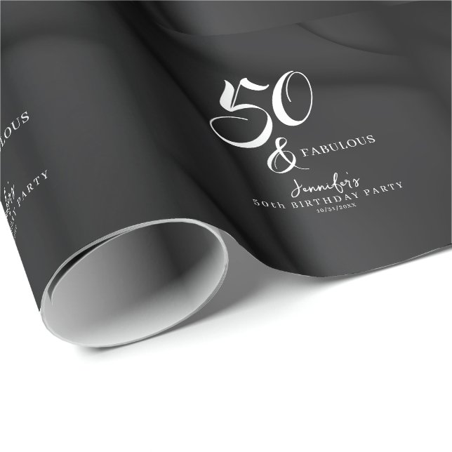 Papel De Presente Modern Elegant Black White Fifty Fabulous Birthday (Ponta do rolo)