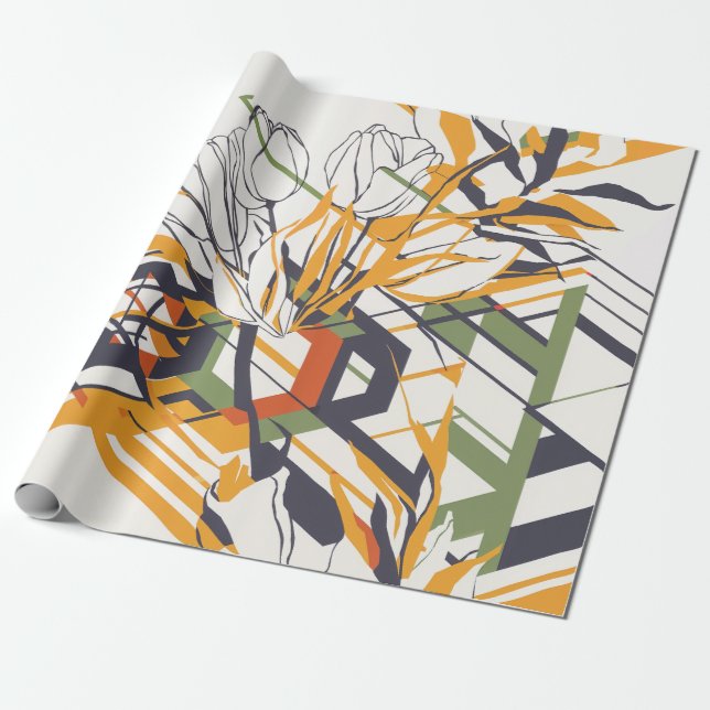Papel De Presente Modern Geometric Tulip Line Art Pattern (2) (Desenrolado)