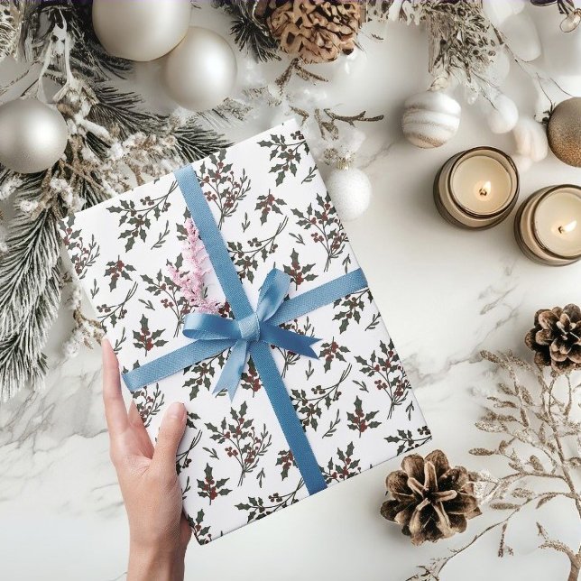 Papel De Presente Modern Holly Christmas Plant Berries Winter White (Christmas Holly Botanical Pattern wrapping paper)
