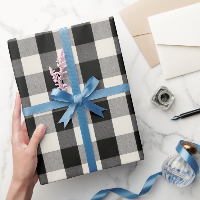 Papel De Presente Modern Minimal Black White Gingham Plaid Pattern (Presentear)
