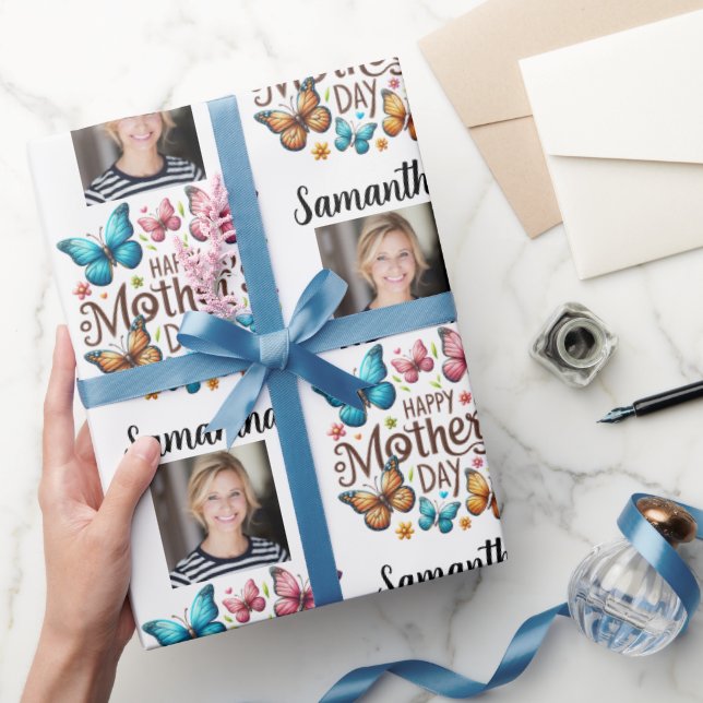 Papel De Presente Modern Photo Name Happy Mothers Day  (Presentear)