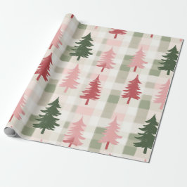 Papel De Presente Modern Pink & Green Pine Tree Plaid Christmas