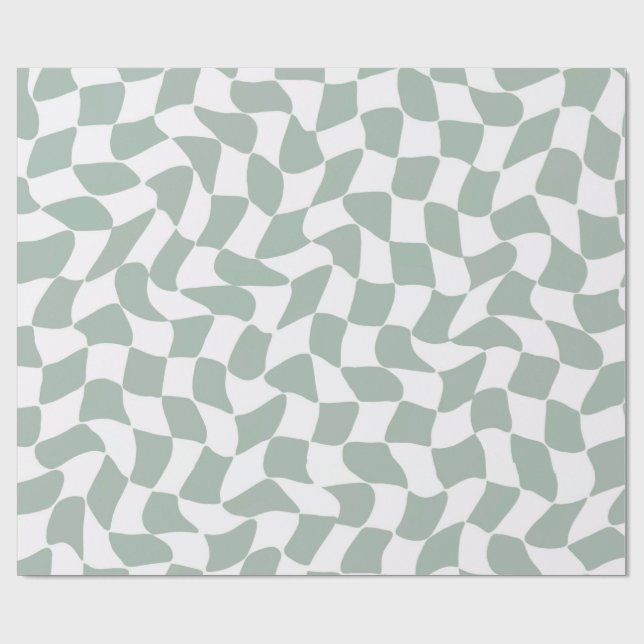 Papel De Presente Modern Sage Green & White Wavy Checkerboard (Aberto)