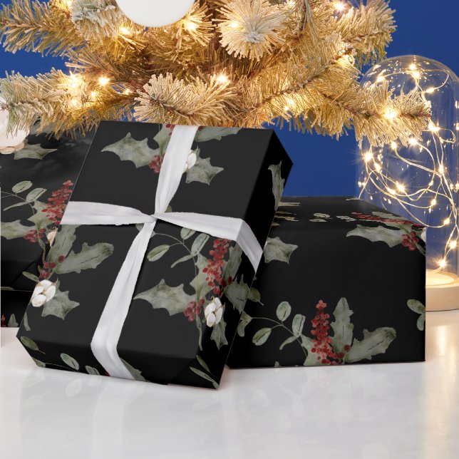 Papel De Presente Modern Watercolor Winter Mistletoe Red Green (Feriados)