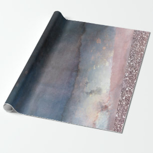 Papel De Presente Moderna Cor de Água Azul e Rosa Dourado Partido Ro