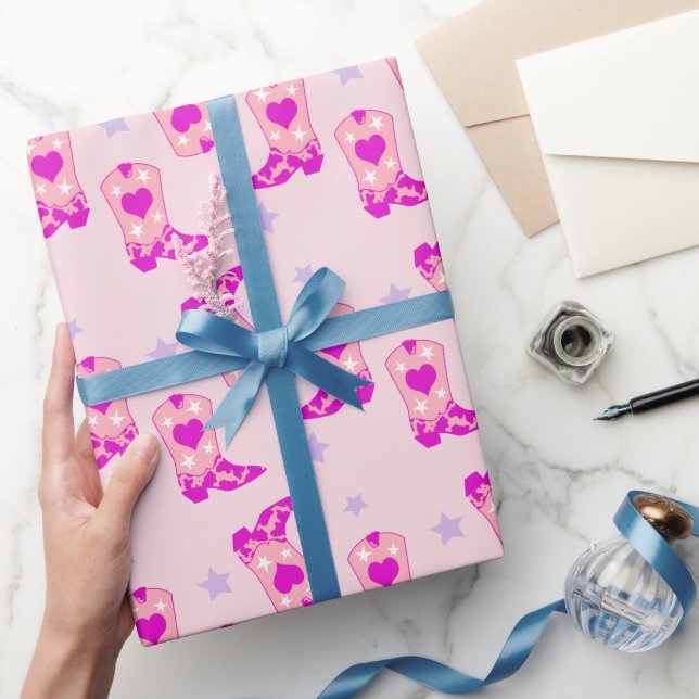 Papel De Presente Moderna Lilac Cowgirl Western Boots Stars (Presentear)