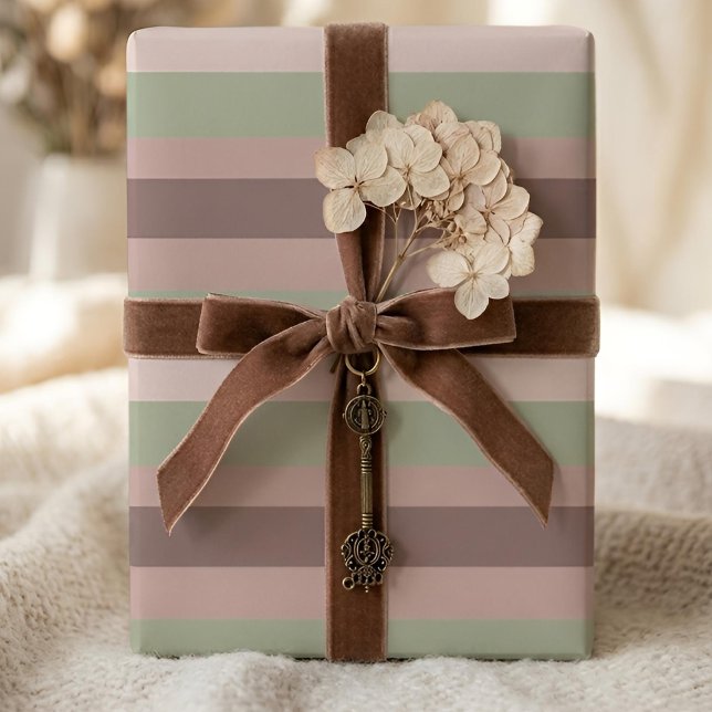 Papel De Presente Moderna Linear | Sage Envelhecido & Rosa Chá (Styled Gift)