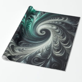 Papel De Presente Moderno Abstrato com Redemoinhos Verdes, Prateados