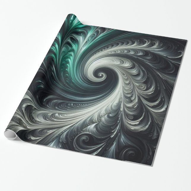 Papel De Presente Moderno Abstrato com Redemoinhos Verdes, Prateados (Desenrolado)