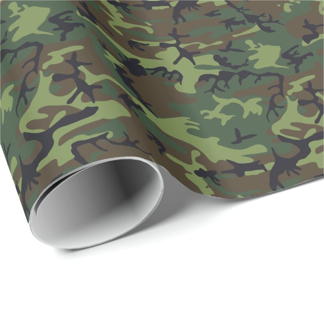 Papel De Presente Moderno Camuflado Caça Verde Marrom Preto (Ponta do rolo)