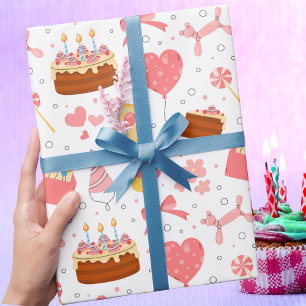 Papel De Presente Moderno Chique Feminino Rosa Arco e Bolo Aniversár