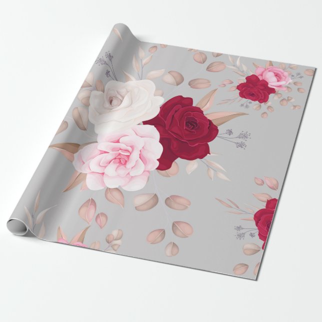 Papel De Presente moderno chique   floral vermelho, rosa (Desenrolado)