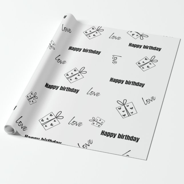 Papel De Presente Moderno feliz aniversário preto e branco (Desenrolado)