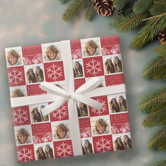 Papel De Presente Moderno Feliz Natal Red Bokeh Personalizado (Personalized wrapping paper with 2 photos)