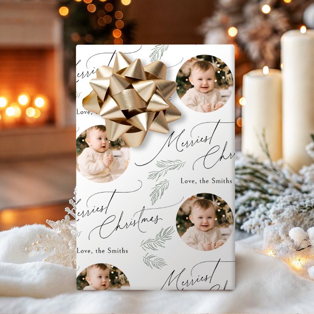 Papel de presente Moderno Script Feliz Natal Famíl (Modern Script Merriest Christmas Family 2 photo Wrapping Paper)